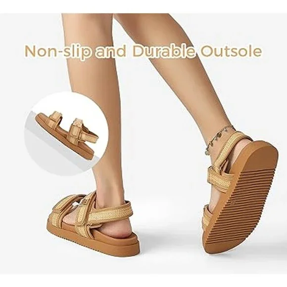 Lucky Step Womens Size 7.5 Tan Hook Loop Open Toe Double Strap Sandal Shoes - Picture 5 of 7